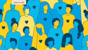 Illustration of a crowd in the colours of the Ukrainian flag, they all have hearts on their chests