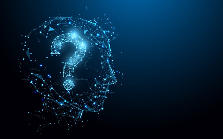 Human head with question mark form lines, triangles and particle style design.